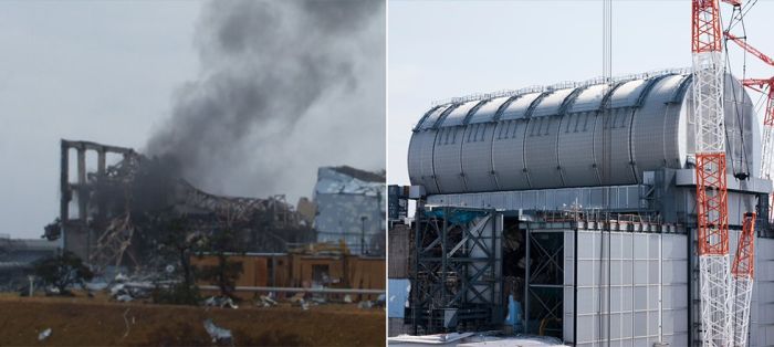 Foto von Block 3 nach den Explosionen und mit Einhausung Block 3 nach den Explosionen und mit Einhausung