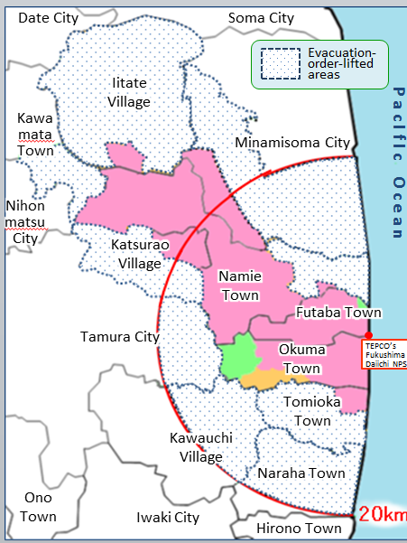 Die Karte zeigt mit Stand April 2017 die wieder bewohnbaren Gebiete (gepunktet), die „restricted zone (braun), die „evacuation order cancellation preparation zone“ (grün) und die „difficult-to-return zone (rosa) Karte mit wieder bewohnbaren Gebieten, die „restricted zone, die „evacuation order cancellation preparation zone“ und die „difficult-to-return zone