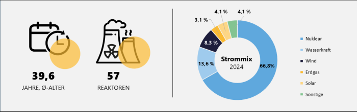 Anzahl und Durchschnittsalter der französischen Kernkraftwerke und prozentuale Zusammensetzung des französischen Strommixes im Jahr 2024.  Grafik zu Strommix, Anzahl und Alter der französischen Reaktoren mit Stand 2024